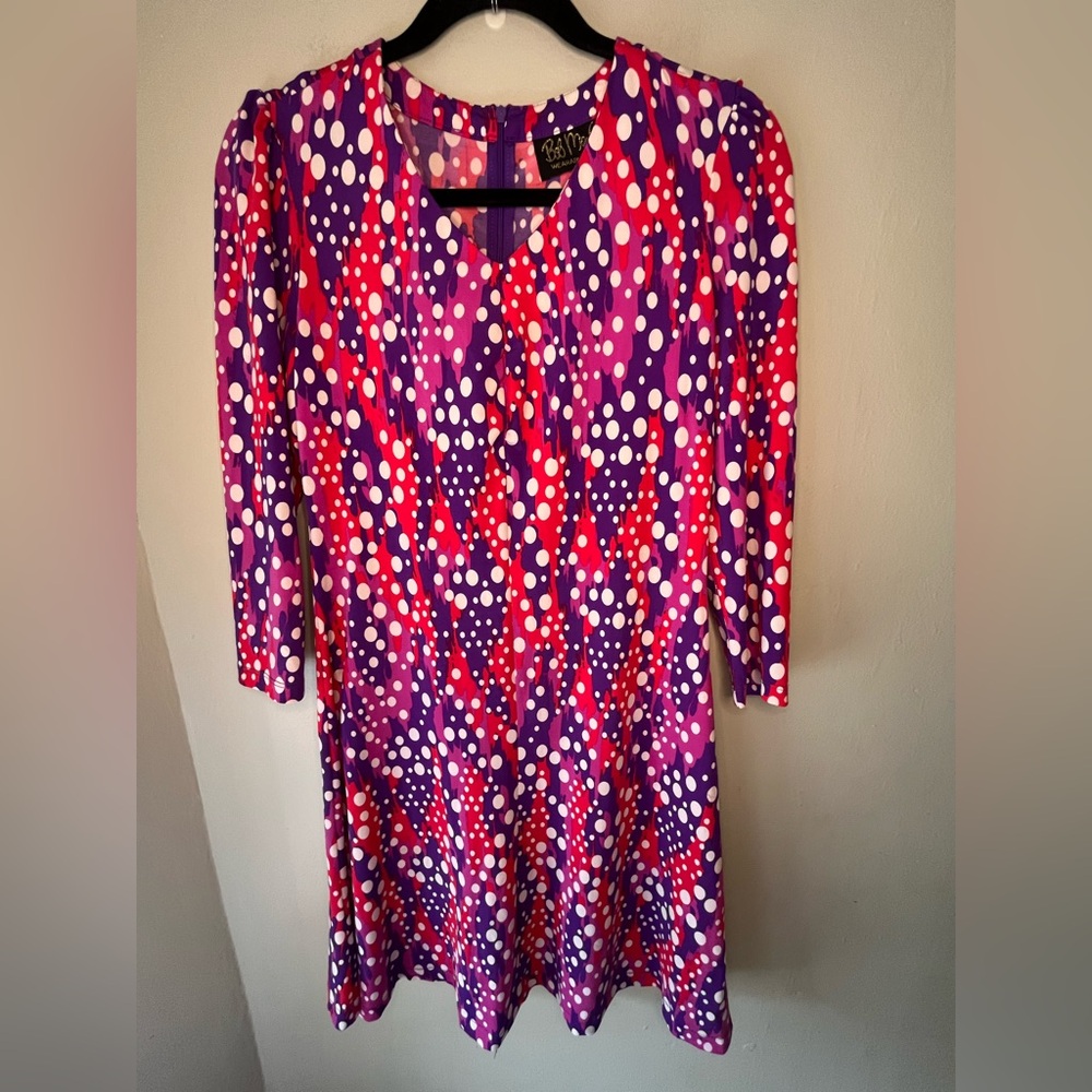 Bold 70’s Retro Style Bob Mackie Wearable Art Dress Sz XS/S Purple Pink Polka Do